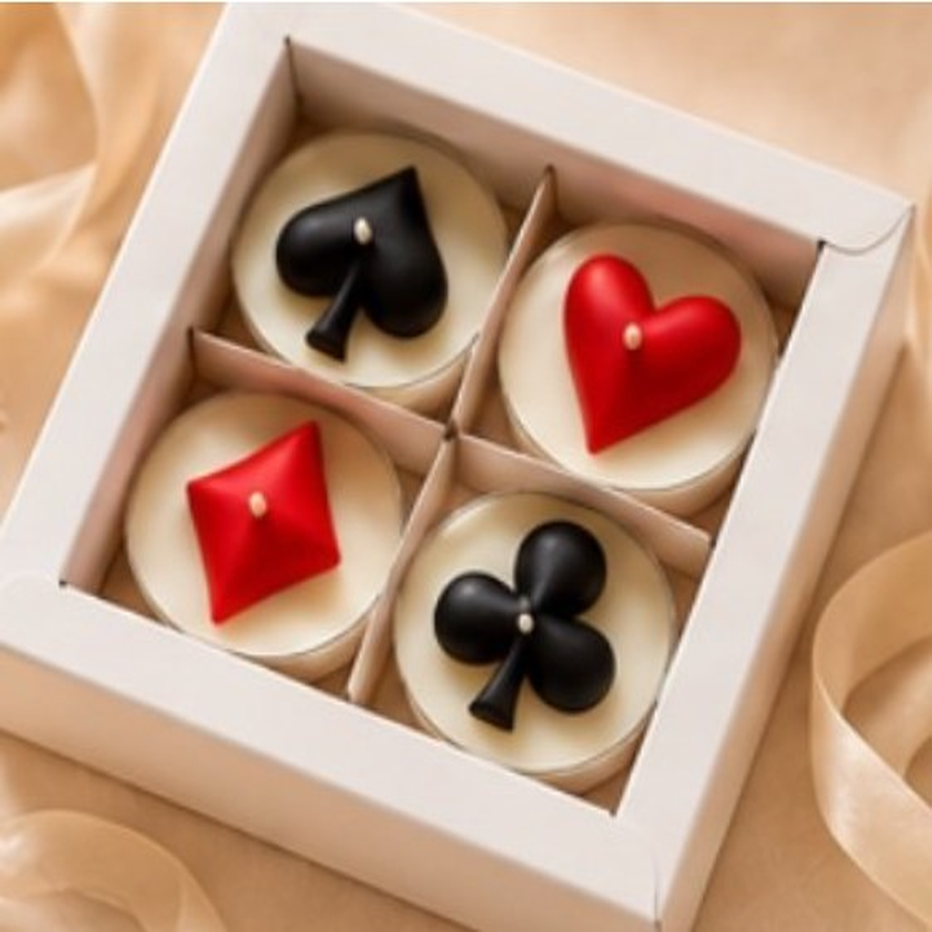 Playing Cards Tealight Candles Set of 4 - Poker Theme Gift Box - Spade Heart Diamond Club Candles
