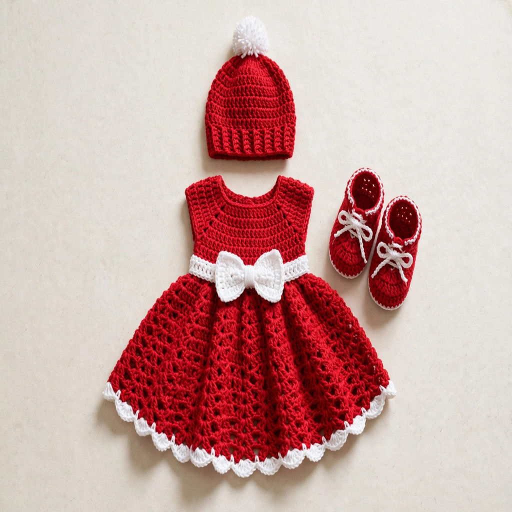 Red Baby Frock Set (Dress + Hat + Shoes)