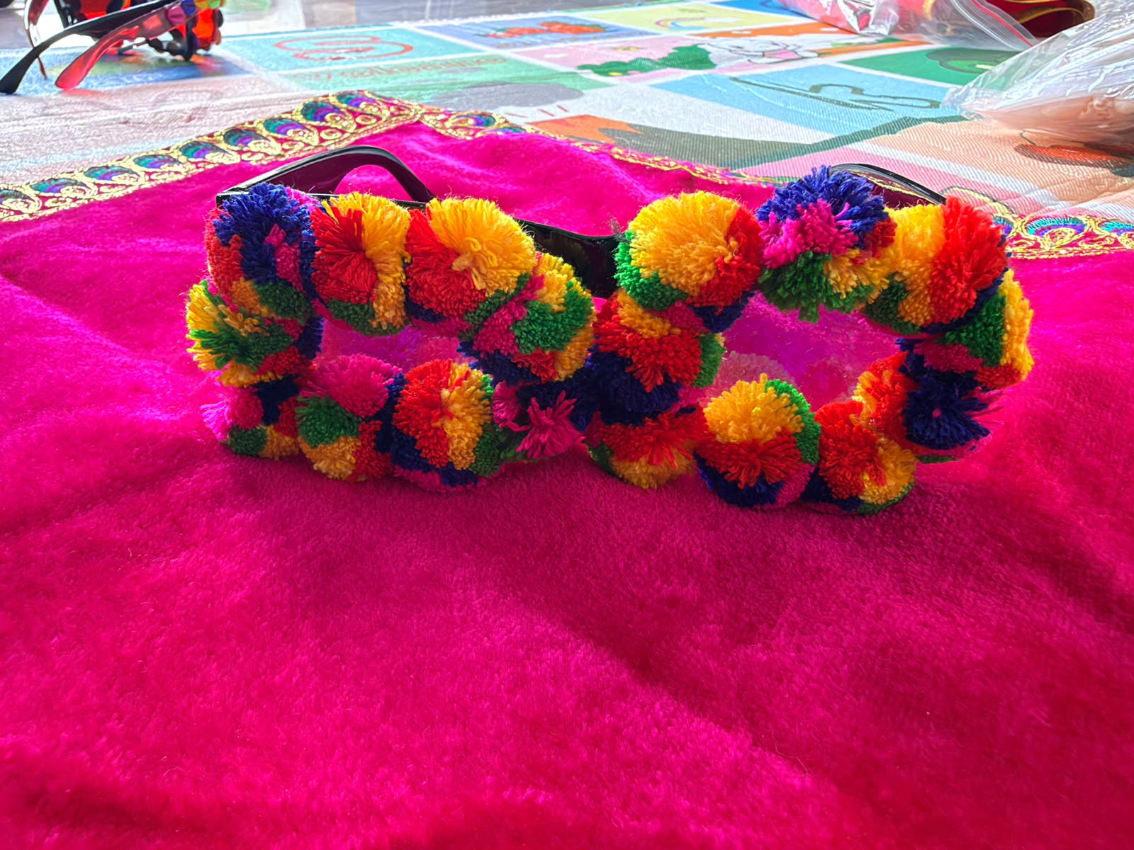 Handmade Boho Pom Pom Sunglasses - Colorful Woolen Pompom Goggles - Funky Party Glasses for Kids & Adults - Bohemian Festival Eyewear - Rann Utsav & Beach Party Prop