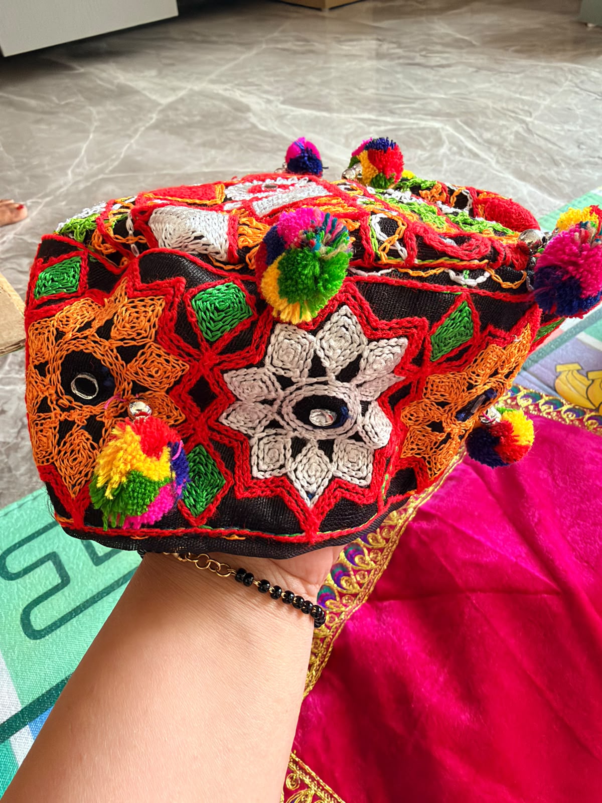 Handmade Kutchi Banjara Cap / Topi - Black Tribal Embroidered Cap with Mirror & Multicolor Pom Pom - Boho Hippie Cap for Women - Rann of Kutch Festival & Fancy Dress Prop