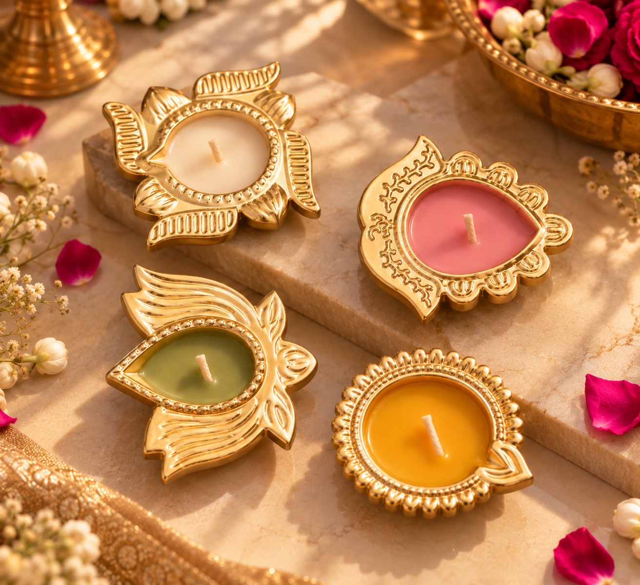 Golden Lotus Diya Candles Set of 4 - Decorative Multicolour Wax Diya Set - Diwali Diya Candles for Decoration