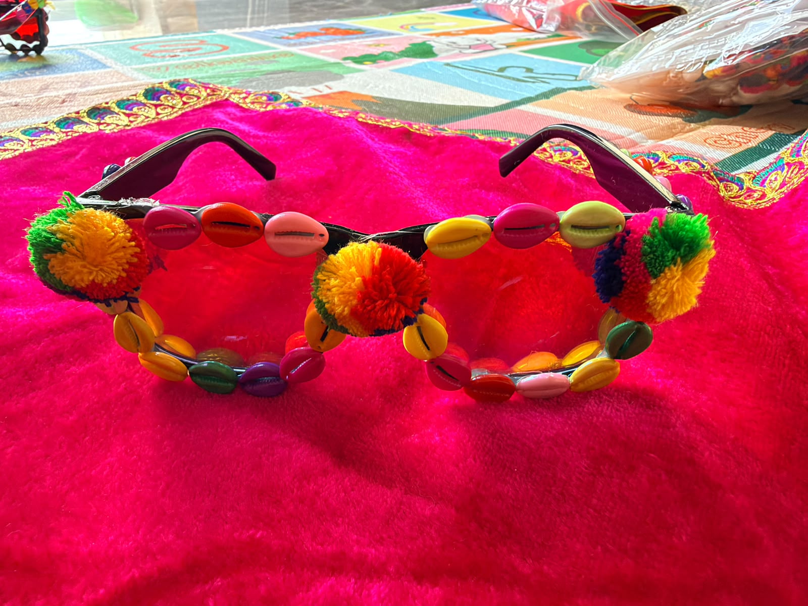 Handmade Boho Cowrie & Pom Pom Goggles - Colorful Festival Party Glasses - 3 Pom Pom Funky Eyewear for Women & Girls - Rann Utsav Beach Party Prop