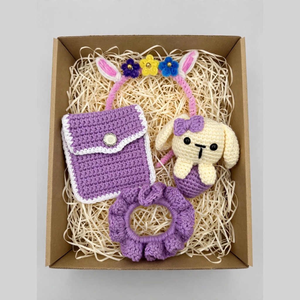 Handmade Floral Bunny Gift Hamper for Girls - Fuzzy Bunny Headband with 3 Flowers + Crochet Wallet Pouch + Bunny Doll & Scrunchie | Purple Theme Return Gift Box