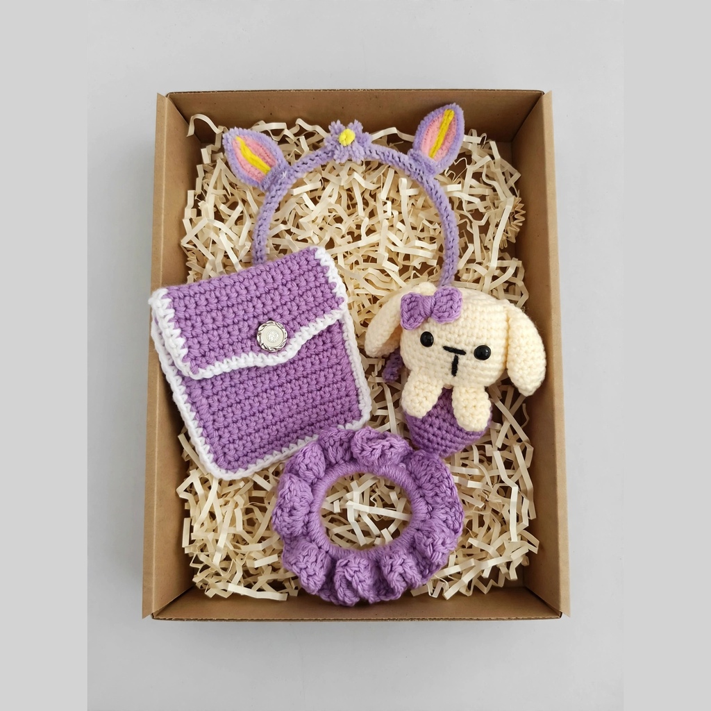 Handmade Purple Bunny Gift Hamper for Girls - Bunny Ear Hairband + Crochet Wallet Purse + Bunny Doll & Scrunchie | Lavender Theme Return Gift Box for Kids