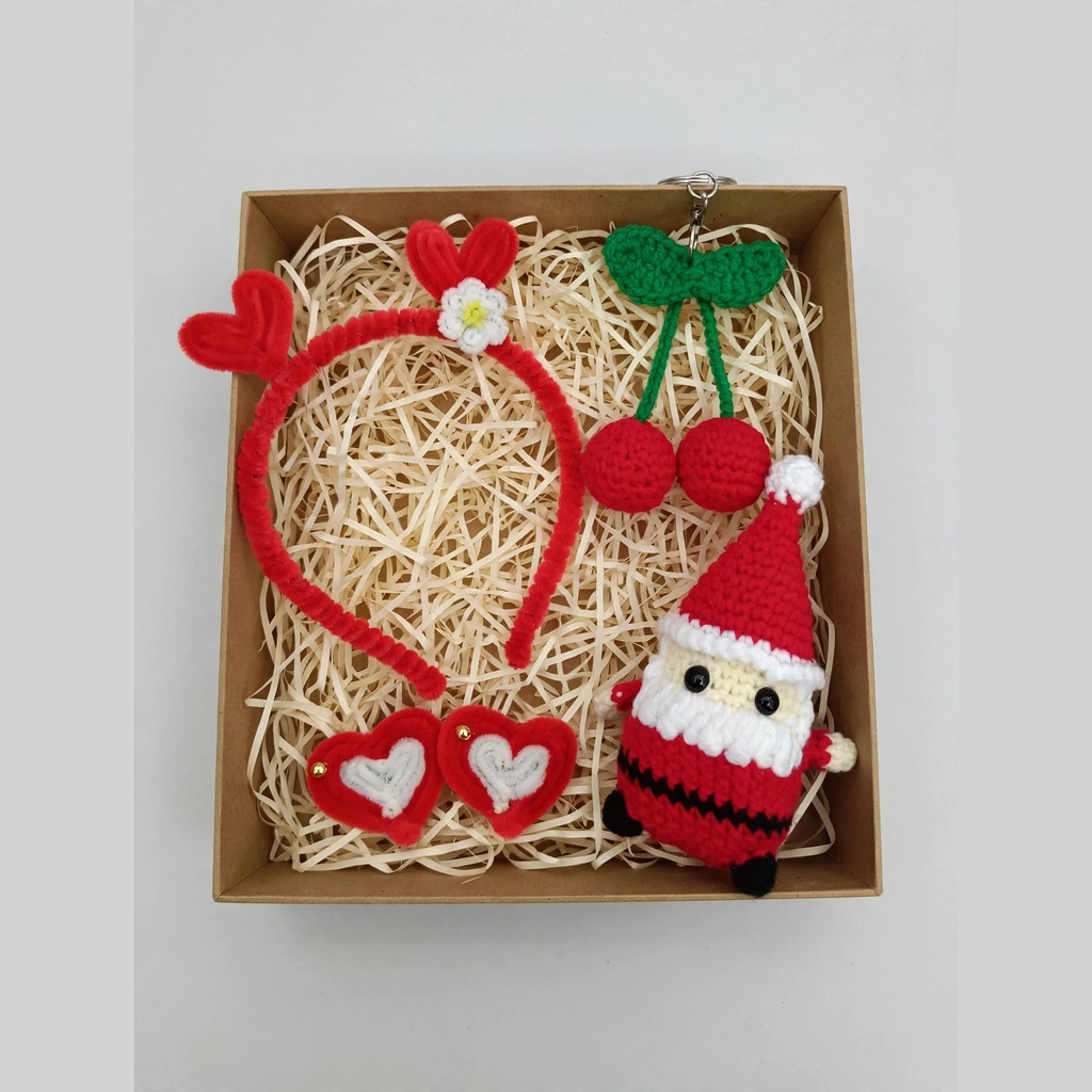 Handmade Valentine & Christmas Gift Box - Red Heart Hairband with Flower + Heart Hair Clips + Crochet Cherry Keychain & Santa Doll | Love Theme Hamper for Girls