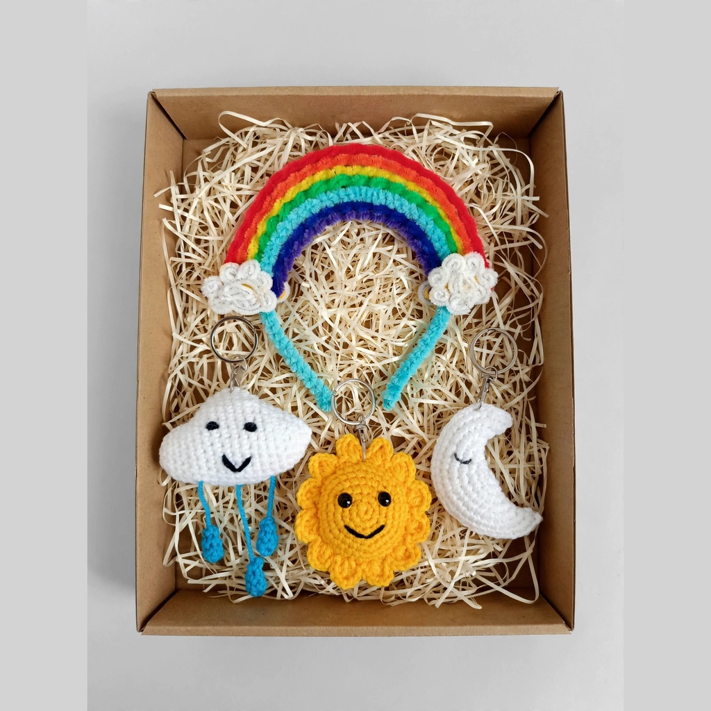 Handmade Rainbow Gift Box for Kids - Fuzzy Rainbow Hairband + Crochet Moon Cloud Sun Keychain Set of 3 | Weather Theme Return Gift Hamper for Girls