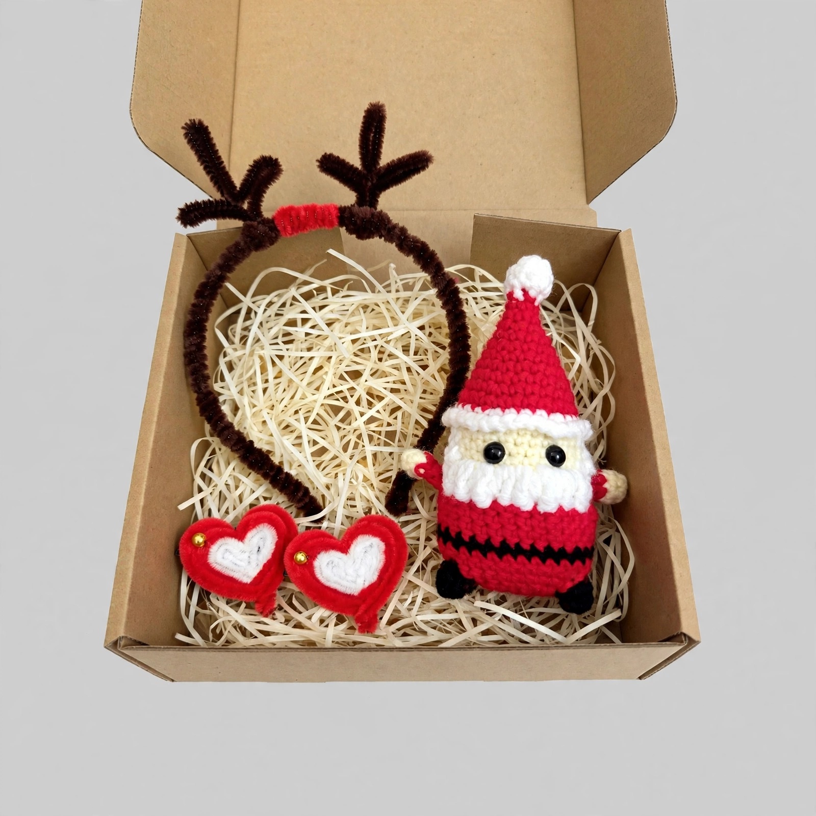 Handmade Christmas Gift Hamper for Kids - Reindeer Antler Hairband + Cute Crochet Santa Doll + 2 Red Heart Hair Clips | Christmas Return Gift Box for Baby Girls