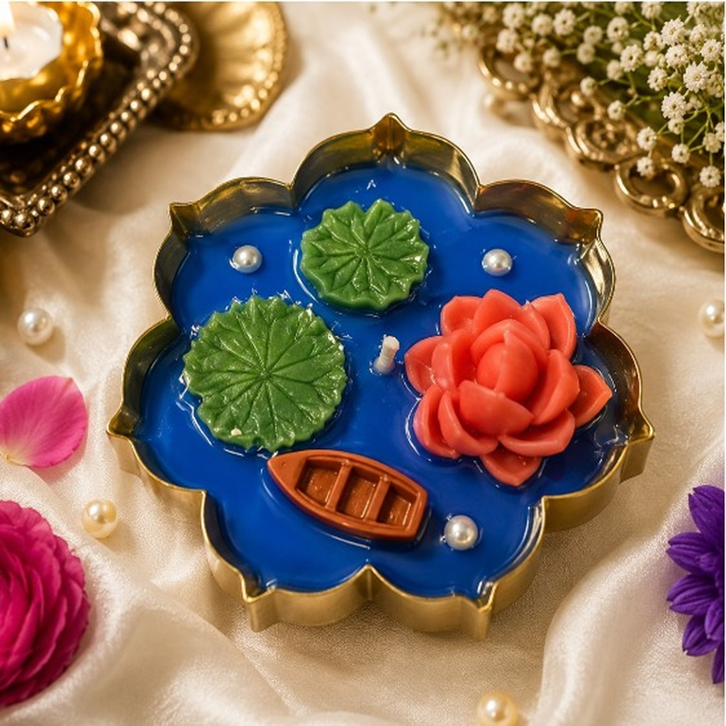 Lotus Pond Urli Candle - Blue Urli Candle with Pink Lotus Flower, Green Leaves & Boat Design | Decorative Urli Candle for Home