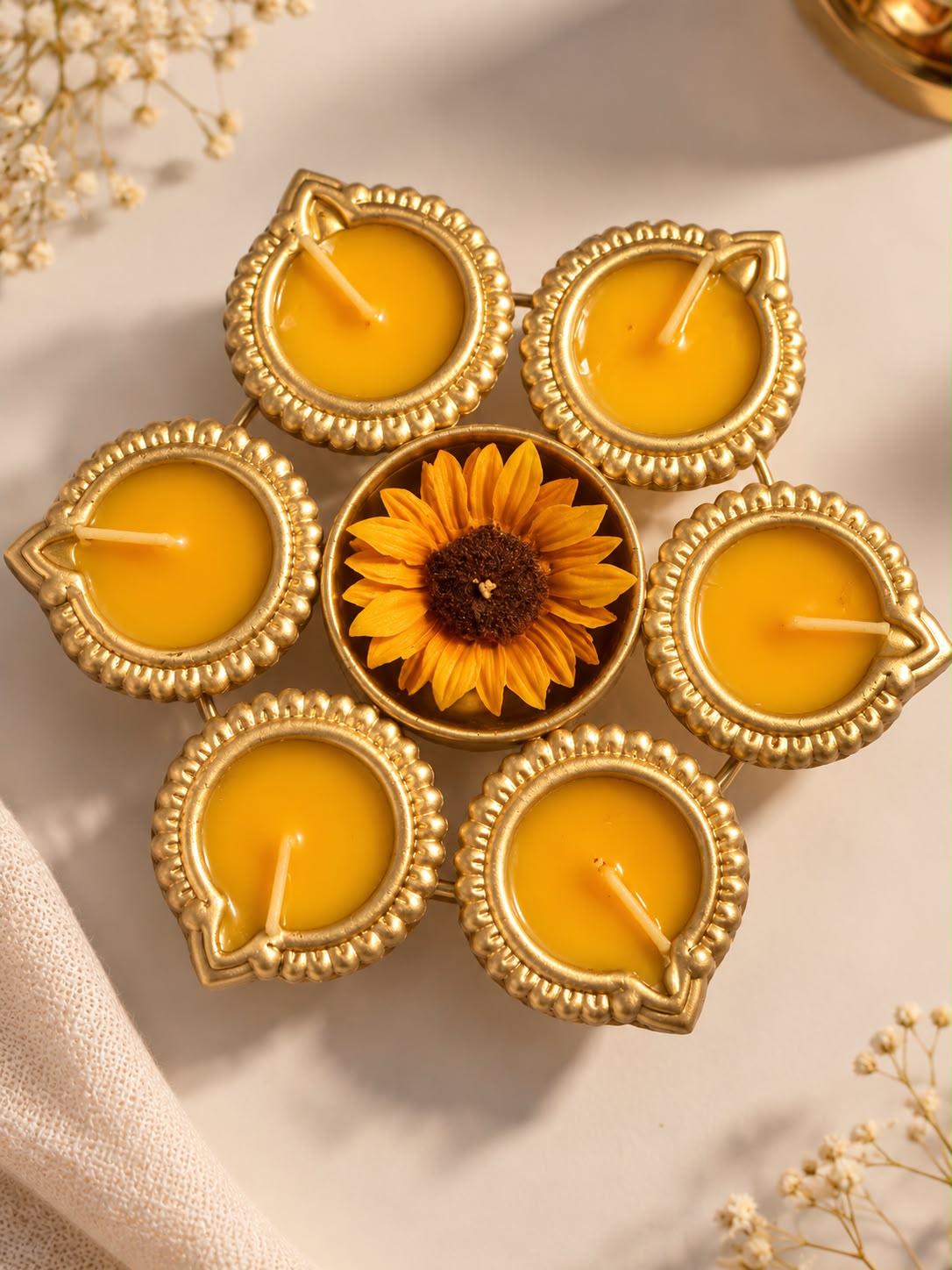 Golden Flower Diya Urli Candle - 6 Diya Tealight Holder with Sunflower in Centre - Diwali Urli Diya for Home Decor