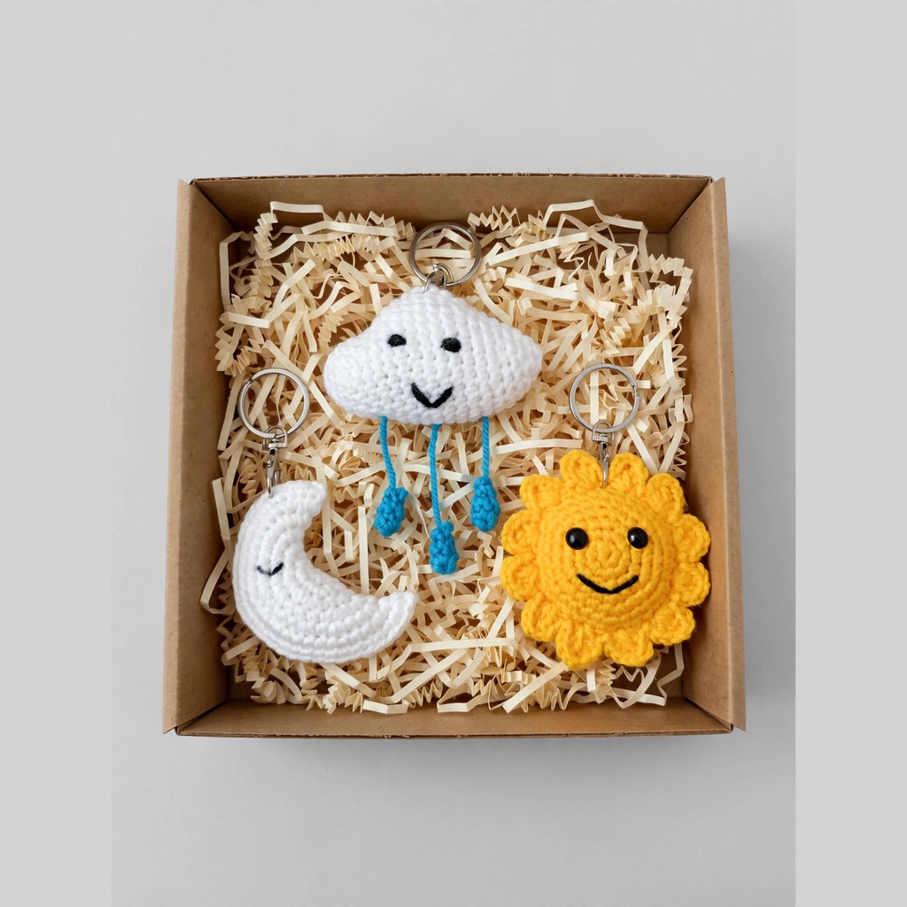 Handmade Crochet Weather Keychain Gift Box - Cute Moon, Smiley Cloud with Rain & Sunflower Sun Keychain Set of 3 | Bag Charm Gift Hamper for Kids & Adults
