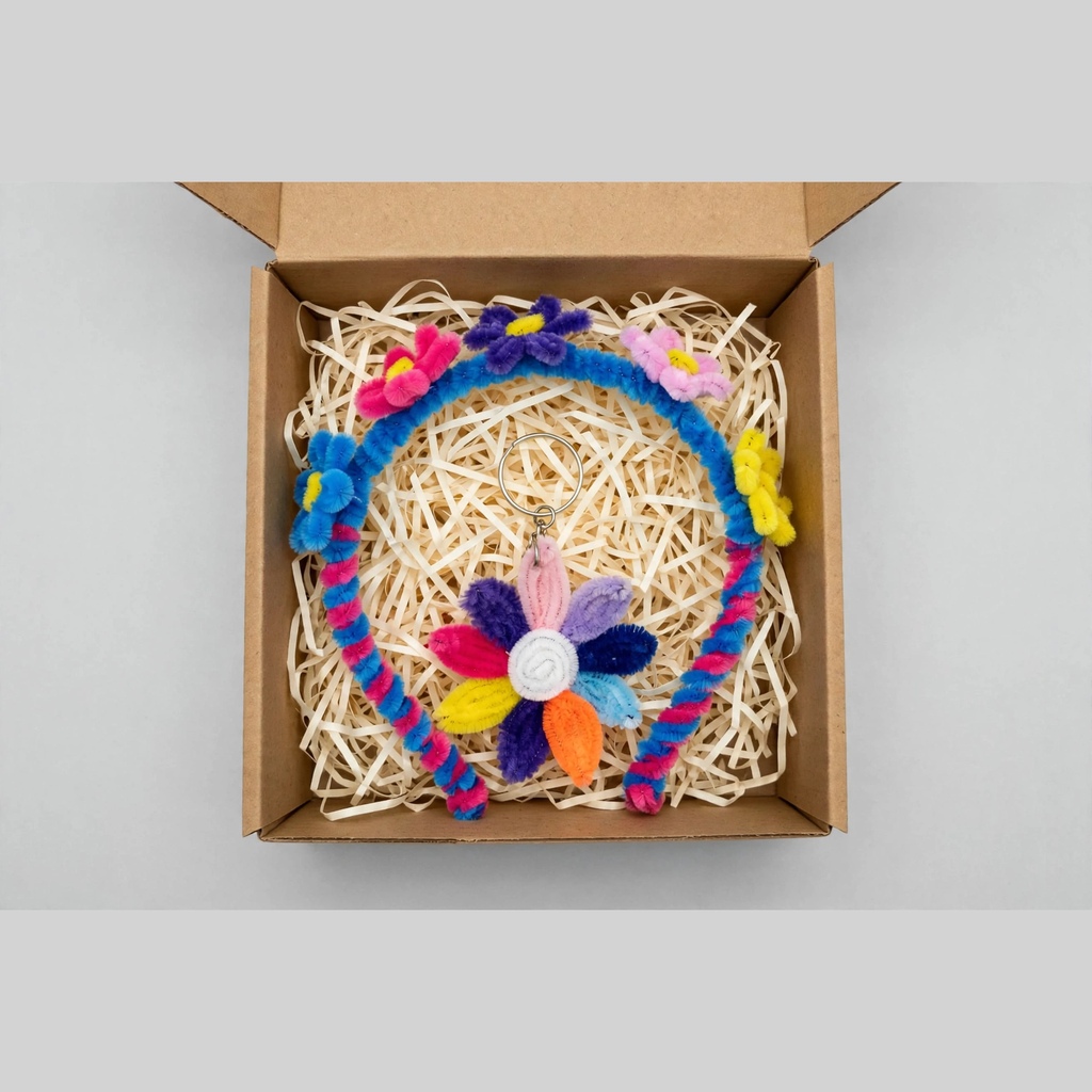 Handmade Floral Gift Box for Girls - Fuzzy Flower Hairband with 5 Flowers + Rainbow Flower Keychain Set | Colorful Hair Accessory Hamper for Kids Return Gift