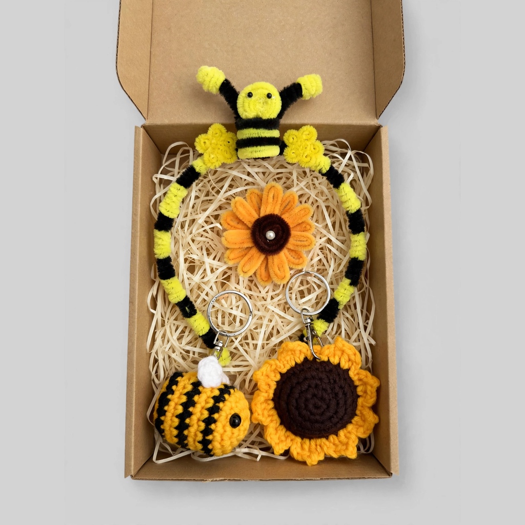 Handmade Bee Gift Hamper for Kids - Fuzzy Honey Bee Hairband + Sunflower Hair Clip + Crochet Bee & Sunflower Keychain Set | Yellow Theme Return Gift Box for Girls