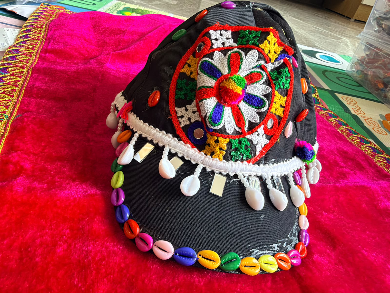 Handmade Kutchi Banjara Boho Cap - Black Tribal Cap with Colorful Cowrie Shells & Mirror Embroidery Patch - Hippie Festival Cap for Women & Girls - Rann of Kutch Souvenir